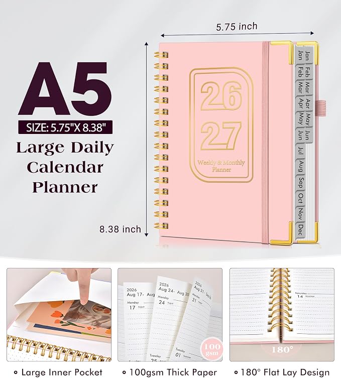 Planner 2026-2027, 18 Months Weekly and Monthly Hardcover Planner, January 2026 - June 2027, 5.75" x 8.38" A5 Daily Calendar Planner Book with Tabs, Spiral Yearly Agenda Organizer Notebook for School Work Home, Pink