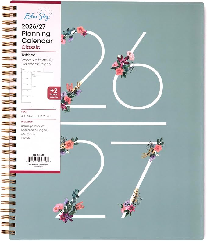 Blue Sky 2026-2027 Weekly & Monthly Academic Planner, 8.5"x11", Greta | July 2026 - June 2027, Flexible Cover, Wirebound, Storage Pocket, Laminated Tabs, Academic Year