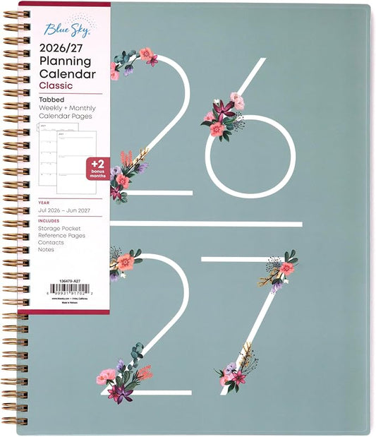 Blue Sky 2026-2027 Weekly & Monthly Academic Planner, 8.5"x11", Greta | July 2026 - June 2027, Flexible Cover, Wirebound, Storage Pocket, Laminated Tabs, Academic Year