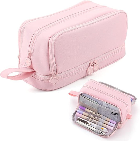 MAMUNU Large Capacity Pencil Case 4 Compartments, Pencil Pouch Bag with Zipper Portable Handle, Pen Case Bag Stationery Organizer for Office College School Adults Teen Girls Boys Men Women, Pink