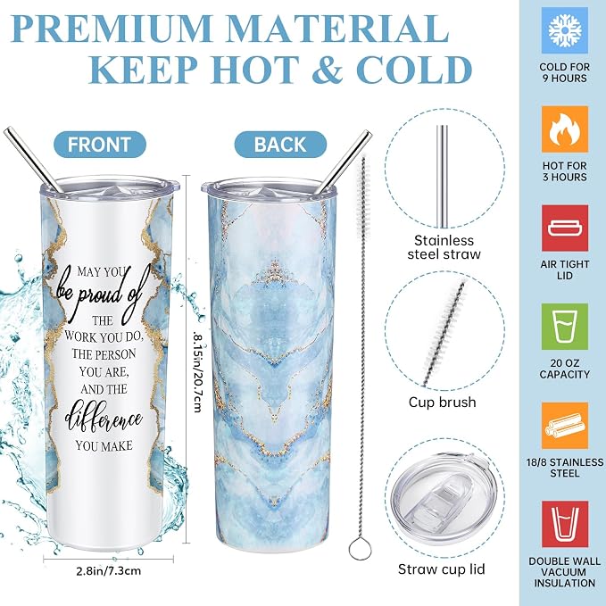 Domensi 6 Pcs Employee Appreciation Gift Set for Women Female Thank You Gift May You Be Proud 20 oz Rustic Marble Sign Tumbler Makeup Bag Journal for Boss Teacher Work Business(Blue)