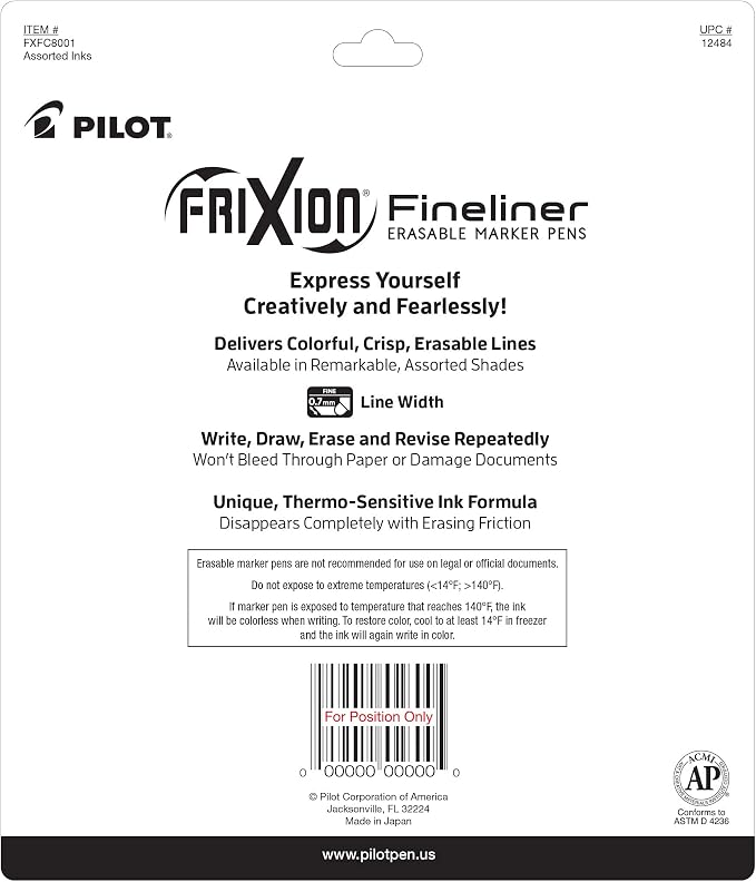 Pilot FriXion Fineliner Erasable Marker Pens, Fine Point 0.7 mm, Pack of 8, Vivid Colors, Erasable Pens - Ideal for School, Journaling, & Office Writing