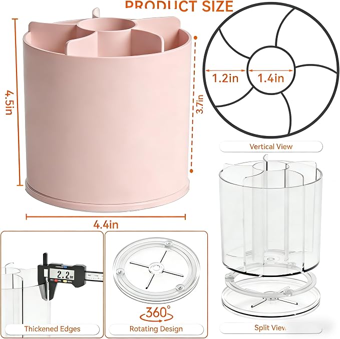 Yieach Rotating Acrylic Makeup Brush Holder for Vanity,Bathroom Countertop,Round Makeup Brushes Organizer,Spinning Cosmetic Brushes Holder,Make up Brush Storage and Office Desk Pen or Pencil Cup,Pink