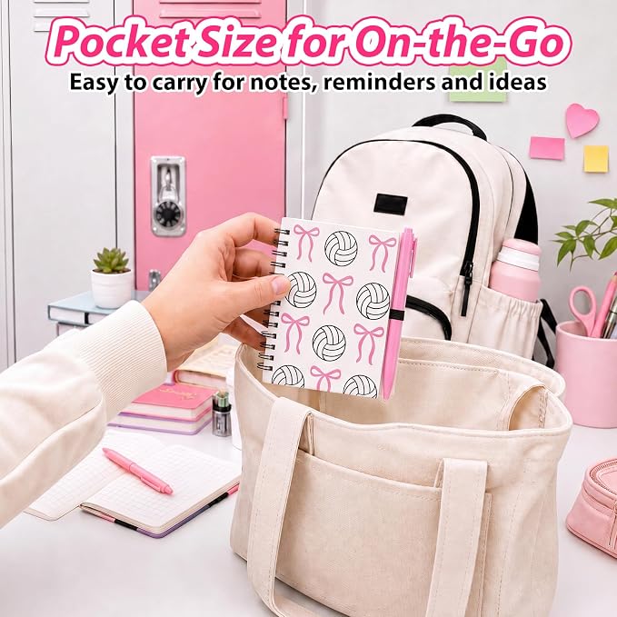 Engrowtic 20 Set Pink Volleyball Gifts, Volleyball Bow Notebooks with Pens Bulk Spiral Pocket Notebooks Lined Journal with Pink Pens Gifts for Team Players Christmas Coach Cheerleader