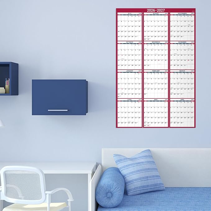2026-2027 Yearly Wall Calendar - Calendar 2026-2027, 34.8" x 22.8"(Open) | Large Wall Calendar 26-27, July 2026 - June 2027, Full Year Calendar Large, One Page Vertical with Round Stickers - Red