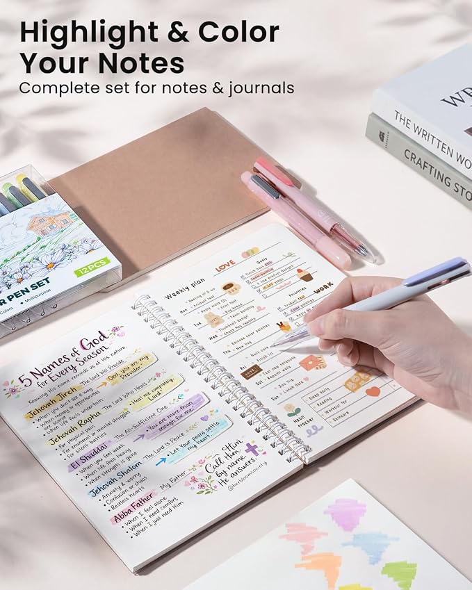 Four Candies Multicolor Pens and Highlighters Set,12 Pack | Macarons Journaling Pens Set for Note Taking,Planners &Journaling, Back to School Supplies & Nurse Accessories for Work