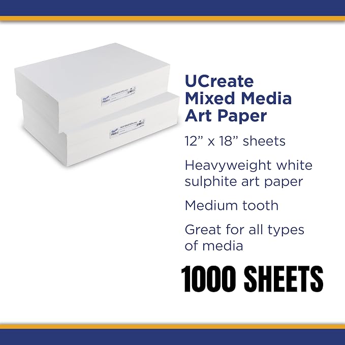 UCREATE Mixed Media Paper, Heavyweight, 12" x 18", 500 Sheets/Pack, 2 Packs | Sulphite Art Paper, Natural White, Medium Tooth, Dry and Wet Media, Class Pack, 1000 Sheets Total, P4833