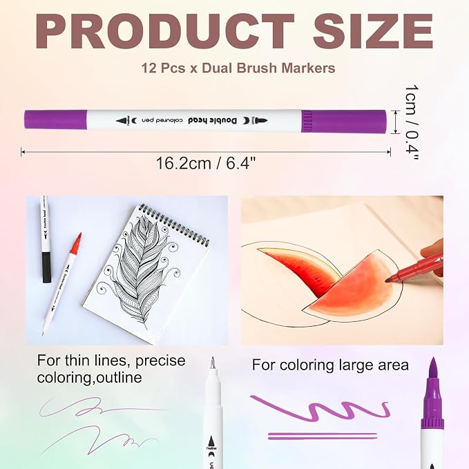PATIKIL 12Pack Dual Brush Markers, Purple Watercolor Fine and Brush Tips Pens Colored Marker Calligraphy Coloring Art Supplies Set for Coloring Book Illustration Sketching Journaling