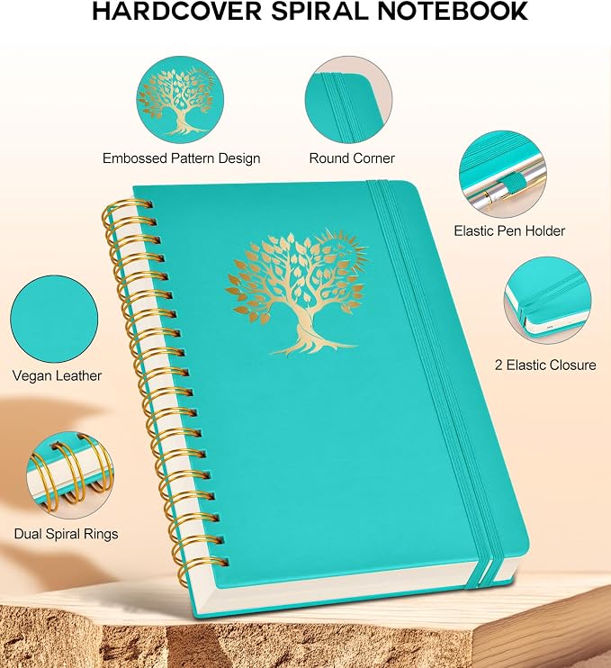 PERCUN B5 Spiral Notebook 300 Numbered Lined Pages Hardcover Journal 7"x10" | College Ruled Spiral Bound Notebook with Tabs, Large Leather Journal for Women Men, Work, School, Travel,Writing,Note Taking