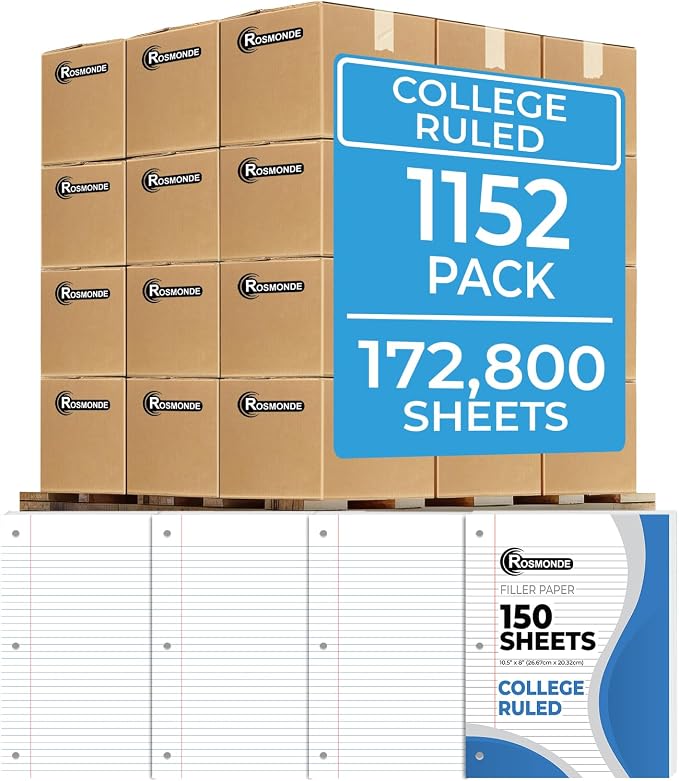 Rosmonde 1152 Pack Loose Leaf Paper Bulk, 172800 Sheets, College Ruled Bulk | Pallet of Filler Paper, 150 Sheets/Pack, 8 x 10.5", Bulk Notebook Paper, 3 Hole Punched, School & Office, 4-7 Days Transit