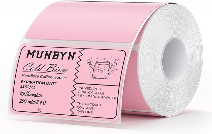 MUNBYN 3x2 Thermal Labels, 500 Sheets/1 Roll, Pink | Strong Adhesive & Perforated, Non BPA&BPS for Small Business, Shipping, Bakery, Barcode, Price Tag