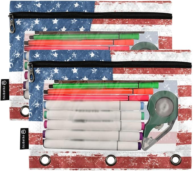 ALAZA Pencil Pouch for 3 Ring Binder, Blue Red White Grunge American Flag Binder Pencil Pouches with Clear Window Zipper Pencil Case Cosmetic Bags for Office College Supplies, 2PCS