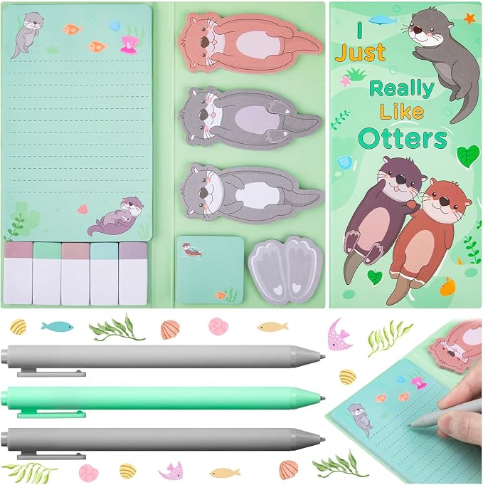 Cute Cartoon Otters Sticky Notes Teacher Appreciation Gift, Blackboard Self-Stick Note Pads with 3 Point Pens, Self-Adhesive Writing Memo Pages Back to School Office Supplies Small Gift