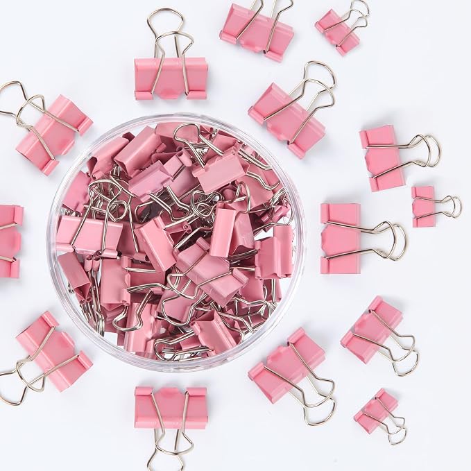 Binder Clips Assorted Sizes, Morandi Colors, Durable Metal Binder Clips for Office, Cute Desk Supplies for Teachers Student (Pink - 1 Box)