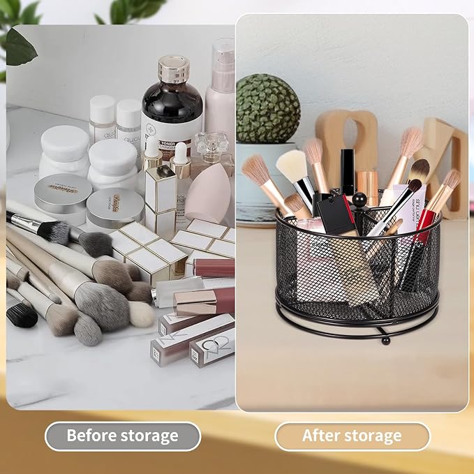 Pen Holder for Desk,360° Rotating Mesh Desk Organizer with Large Capacity 4 Compartments,Multi Functional Desk Accessories and Makeup Brush Holder for Office School Home (Black)