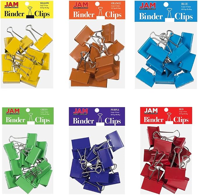 JAM PAPER Colorful Binder Clips Assortment - Large - 1 1/2 Inch (41 mm) - Assorted Rainbow Colors - 72 Binderclips/Pack