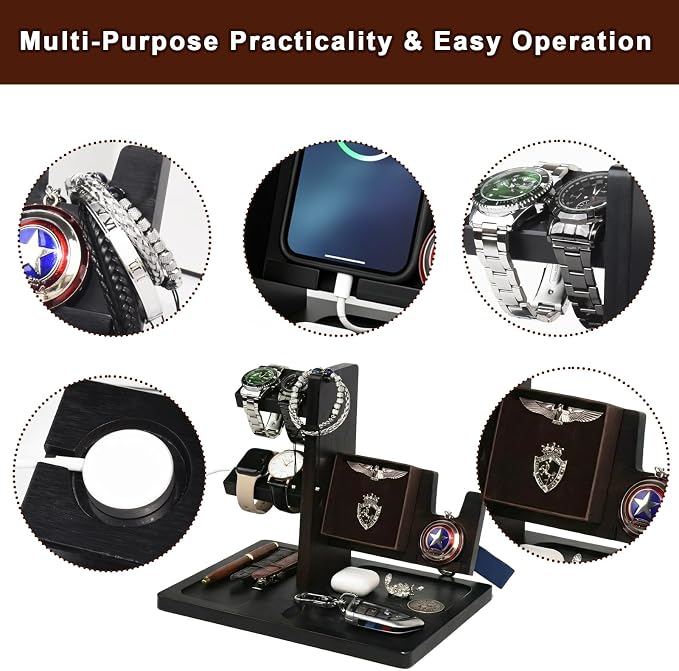 Watch Stand for Men, Solid Wood Watch Holder Organizer with Challenge Coin Display & Valet Tray, Mens Nightstand Organizer for Smartwatch Charging Station, Desk Accessories, Gift for Husband, Dad