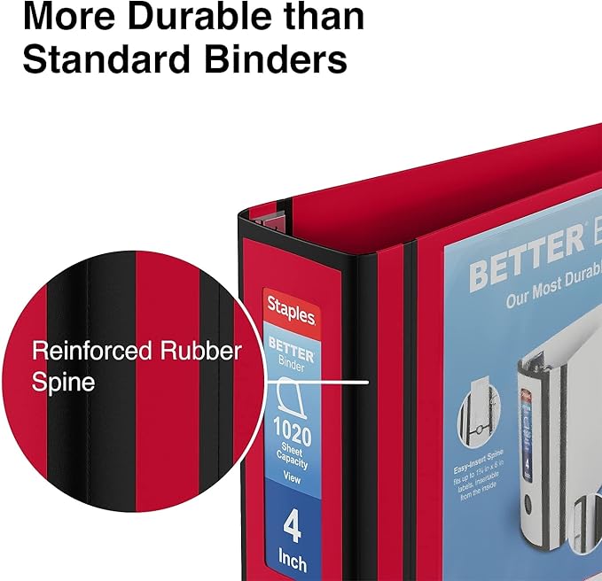 Staples Better Binder, 4" D‑Ring 3‑Ring View Binder, Red, Reinforced Spine, High‑Capacity Binder for School, Office & Home Use