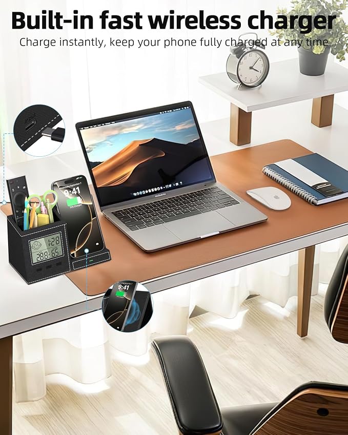 Desk Organizer with Wireless Charger, Digital Clock, Thermometer & Hygrometer - Multi-Functional Pencil Holder, Office Desk Accessories Storage Caddy for Home, Office, Men, Women (Battery Included)