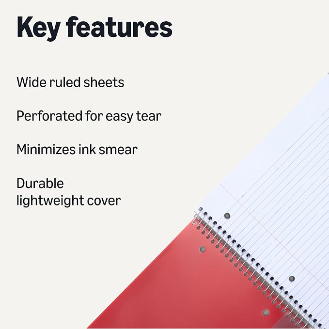 Amazon Basics Wide-Ruled Spiral Notebooks with Pocket Divider, 8" x 10.5", 100 Sheets, Perforated Pages, Assorted Primary Colors, 3-Pack