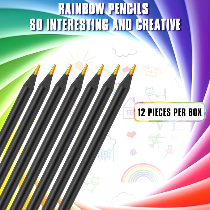 Art Supplies for Kids and Adults, 7 Color in 1 Black Wooden Rainbow Colored Pencils Pre-sharpened, with Sharpener, for Coloring Books, Easter Basket Stuffers, Drawing, Sketching (12pcs)