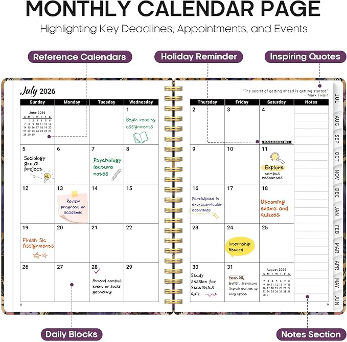Planner 2026-2027, Academic Year Monthly and Weekly Calendar Planner, Jul 2026 - Jun 2027, Hardcover Teacher Student Planning Agenda book with Tabs, Perfect for School Office Supplies, 6.3" x 8.5" - Midnight Bloom