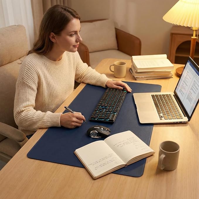 Leather Desk Pad Protector, 14.18'' X 14.97'' Mouse Pad, Office Desk Mat, Non-Slip PU Leather & Suede Base Desk Blotter, Laptop Desk Pad, Desktop Mat for Office Home, Dark Blue