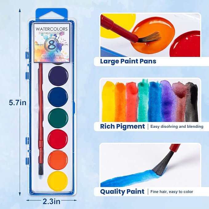 72 Pack Watercolor Paint Set, Washable Watercolor Paint Bulk for Kids, Water Color Paint with Paint Brushes, Ideal Gifts for Party Favors, School Supplies & Classroom Prizes, Art Activities, 8 Colors