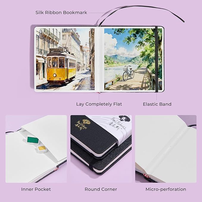 Paul Rubens Square Watercolor Journal 2 Pack 40 Sheets, 100% Cotton Acid-Free Hot Press Watercolor Sketchbook 4.72 * 4.72 Inches, 140lb/300gsm for Watercolors, Gouache, Acrylics