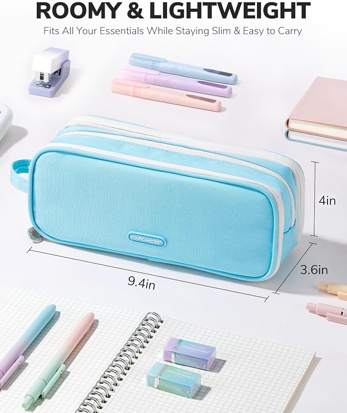 Four Candies Large Pencil Case, 3 Compartment Organizer Pouch | Large Pen Bag for Stationery & Office Multi-Purpose Organizer Makeup Bag Travel Bag with Handle (Blue)