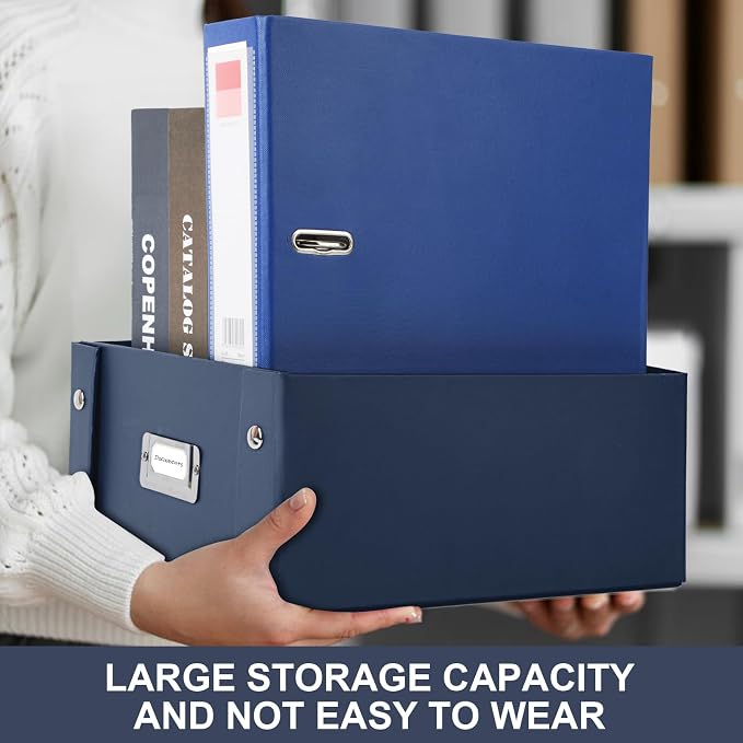 DLUGOPIS 2 Pcs Inch Checks Storage Box with Lid Document Boxes Document Bin Banker Boxes Foldable Receipt Box Storage Navy Blue Cardboard Record Boxes For Business Pesonal Books Files 12"x10"x5"