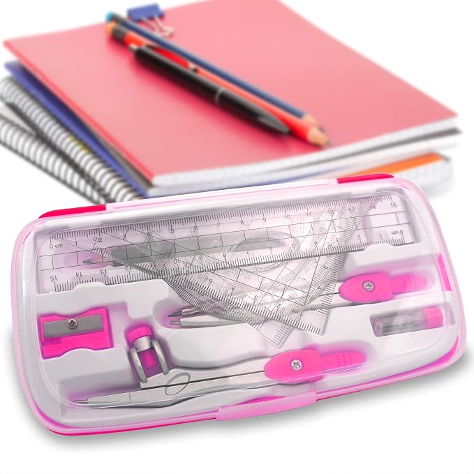 Akuoly Maths Compasses Full Starter Geometry Kit with 2 Drafting Compasses Protractor 2 Set Squares Ruler Pencil and More for Students Maths Study Homework etc. Pink