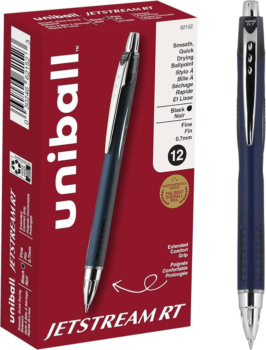 uniball™ Jetstream RT Ballpoint Pens, Black Ink, 0.7mm Fine Point, 12 Count | Retractable, Smooth Writing, Quick-Drying, Smear-Resistant, uni Super Ink™