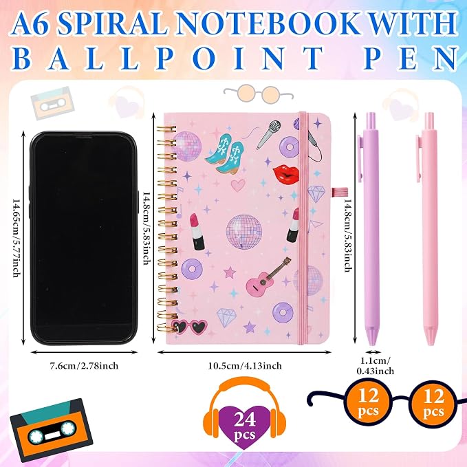 Fulmoon 24 Set Music A6 Spiral Notebook with Ballpoint Pens 50 Sheets, 4"x 6" Singer Small College Ruled Notepads Concert Journaling Notebooks Bulk for Music Party Goodies Bags Back to School Supplies