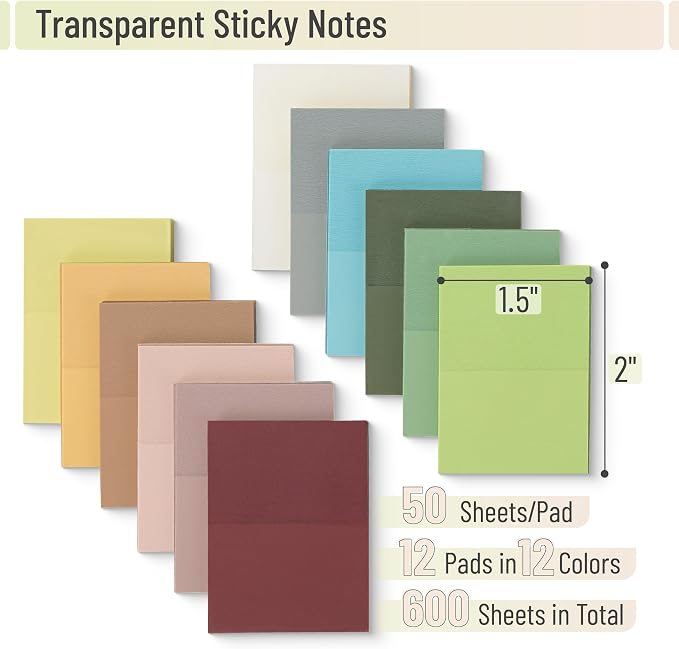 Mr. Pen- Small Transparent Sticky Notes, 1.5" x 2", 12 Pads, 600 Sheets | Vintage, Mini See Through Self-Adhesive Notes Bulk for Bible Journaling and Studying, Water-Resistant, Clean Removal
