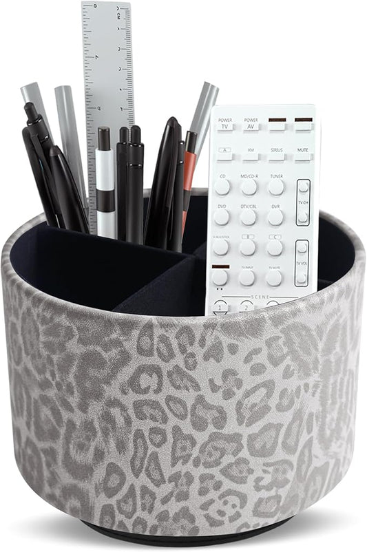 Round Leather Art Supply Organizer,Remote Control Holder,360 Degree Rotating,Multi-Functional Pencil Holder,4 Compartments Desktop Stationary Organizer(1-Leopard Grey)