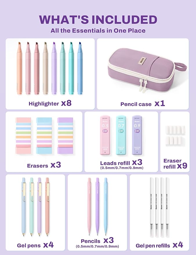 SUNEE 35PCS Aesthetic Stationery Set with Cute Pencil Case, Pastel Highlighters, Black Gel Pens, Mechanical Pencils & Refills, College School Supplies for Students Girls Purple