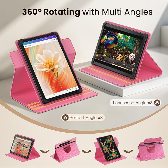 MoKo for Universal 11 inch Android Tablet Case with Pen Holder, Shiny Pink | Fits All 9.6-11 inch Tablets, Slim 360 Degree Rotating Cover, Multi-Angle Stand, Front Pocket, No fit iPad/NO back opening