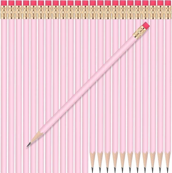 24 Pcs Round Pencils with Eraser 2 HB Cute Pencils Bulk for School Graphite Wood Color Unsharpened Pencil for Drawing Sketching Wedding School Teacher Supplies Student Reward(Pink)