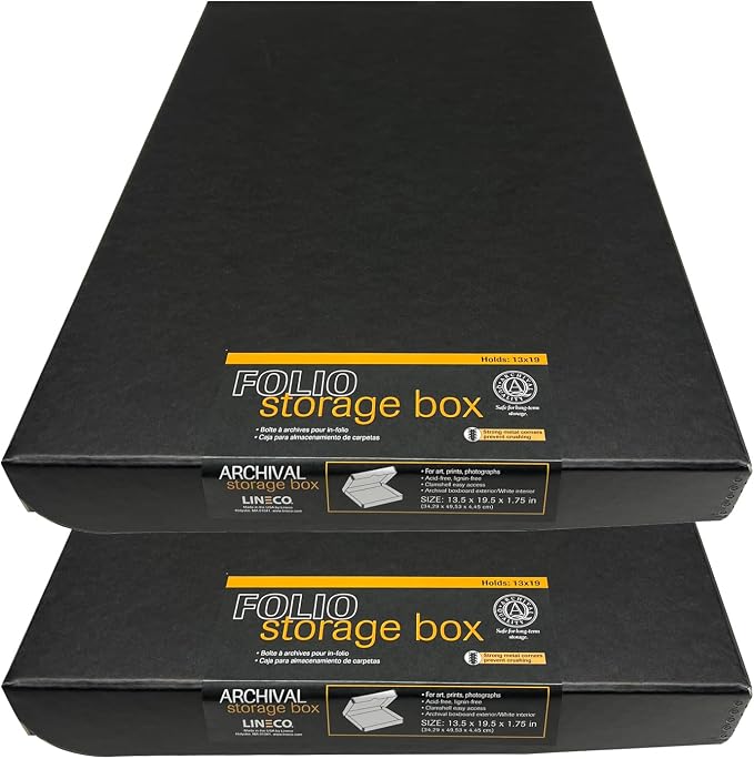 Lineco Clamshell Archival Storage Box, 13.5x19.5x1.75 In, Black, Pack of 2 | Acid-Free with Metal Edge Boxboard, Organize and Store Photos Documents Cards Negatives Magazine Prints Family Records DIY