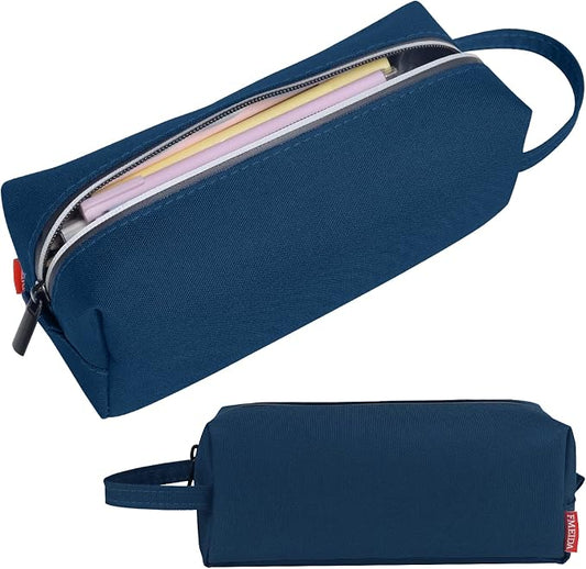 Fmeida Pencil Case Pouch - Water Resistant Pencil Pouch Portable Pencil Bag Simple Office Stationery Pouch with Handle - Navy Blue