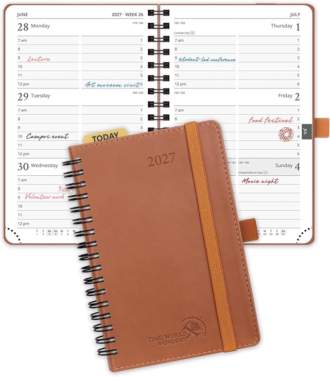 POPRUN 2027 Pocket Planner (Small-4'' x 6.25'') Weekly and Monthly Calendar | 2027 Agenda(Jan - Dec) Appointment Book with Hourly Time Slots, Monthly Tabs, 100GSM, Spiral Leather Cover - Brown