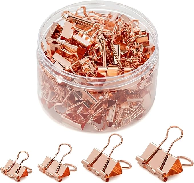 Rose Gold Binder Clips, 100PCS, Assorted Sizes | Solid Metal, Stainless Steel Handle, Aesthetic Desk Supplies, Office School Crafts & Document Organizing