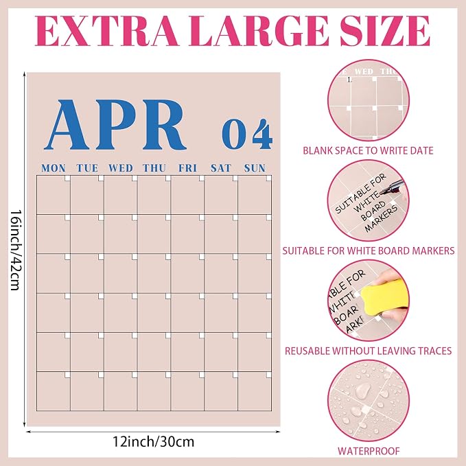 Gueevin 2026 Reusable Classroom Calendar Large Undated Dry Erase Wall Calendar 16 x 12 Inches Big Monthly Blank Planner Yearly Planning for School Organizing Office Home (Morandi Minimalism)