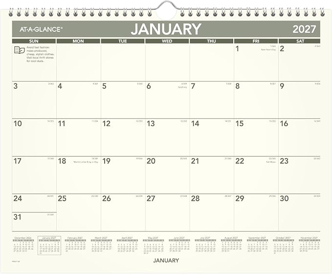 AT-A-GLANCE 2027 Wall Calendar, Monthly, 15" x 12" Planner, Unruled Daily Blocks, Recycled (PMG772827)