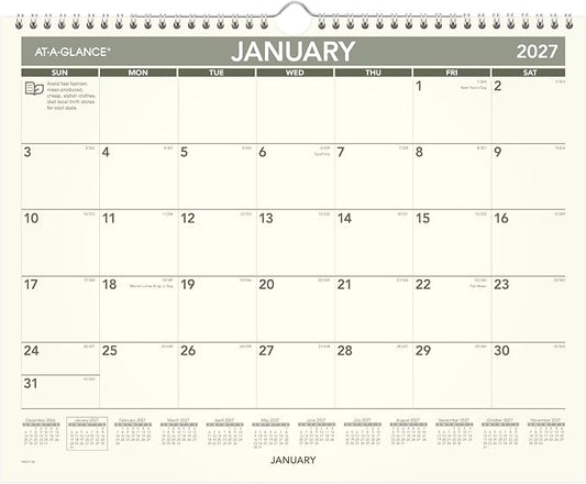 AT-A-GLANCE 2027 Wall Calendar, Monthly, 15" x 12" Planner, Unruled Daily Blocks, Recycled (PMG772827)