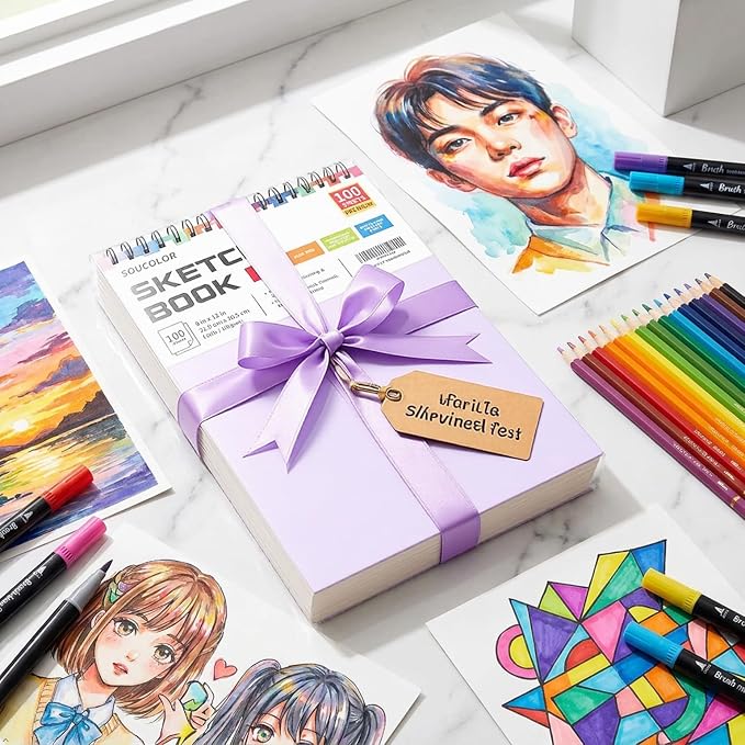 Soucolor 9x12 Sketch Book,100 Sheets Drawing Paper,Sketchbook for Teen Girl | Top Spiral Bound 68lb acid-free paper, Micro-perforated pages,Lay-flat top spiral ,Great for pencils, Pens & All dry media