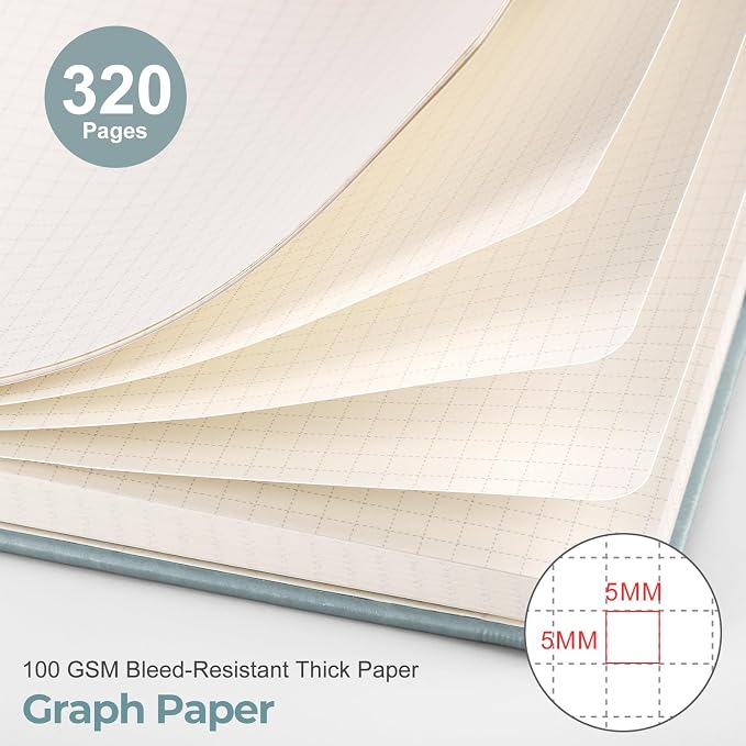 EMSHOI Graph Grid Journal Notebook, 320 Pages, A5 Size (5.7'' x 8.3'') | Leather Hardcover, 100 GSM Thick Paper, for School, Note Taking, Math, Engineering, Sun Debossed (Light Blue)