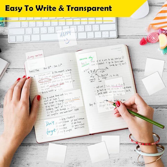 1100 Sheets Transparent Sticky 2x2 Inch Notes, Mini Translucent Self-Adhesive Clear See Through Sticky Post Memo Reminder Note for Office Woman School Classroom Student Supplies Tabs 22 Pads White