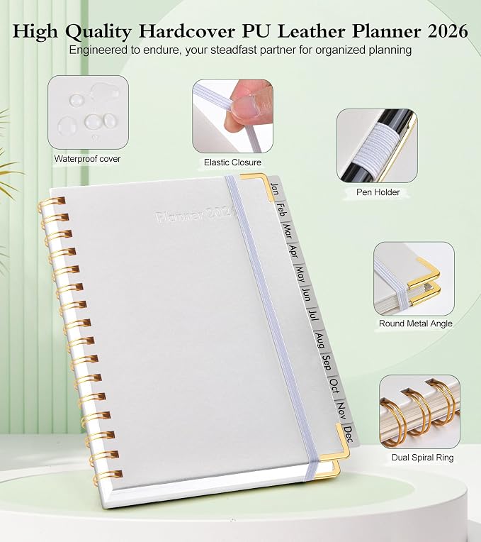 2026 Planner, Hardcover Leather Weekly and Monthly Planner, January 2026 - December 2026, Spiral Yearly Agenda Organizer Book 2026 with Tabs, Daily Calendar Planners for School Work Home, A5 (5.75" x 8.38"), White